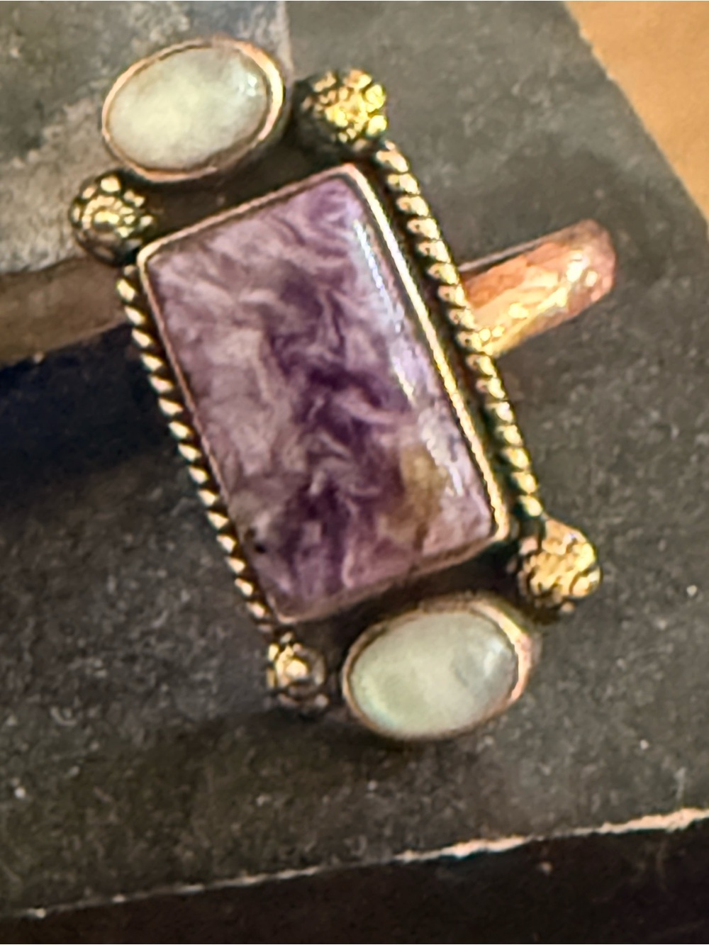 Charolite and Moonstone Ring set in Copper